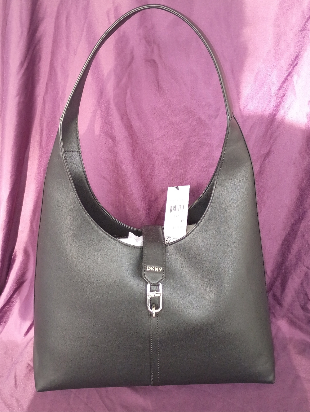 DKNY Black Leather Structured Hobo Bag with Silver Hardware
